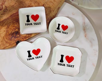 I Love You Jewelry Dish, Custom Text Trinket Tray, Red Heart Ring Holder, Romantic Anniversary Gift, Personalized Keepsake for Couples