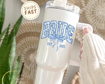 Personalized Future Mrs. Tumbler, Blue Toile Bride Cup, Engagement Gift