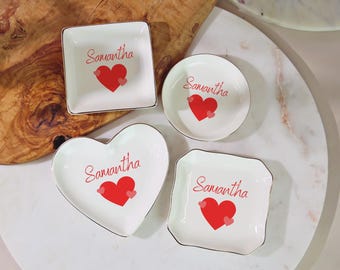 Heart Ring Dish, Gold Rim Ceramic Jewelry Tray, Red Heart Trinket Dish, Romantic Gift for Her