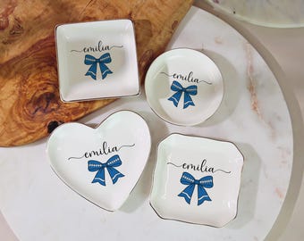Blue Bow Ring Dish, Personalized Jewelry Tray, Coquette Bow Gift for Her, Blue Ribbon Trinket Dish, Birthday Gift for Girls and Women