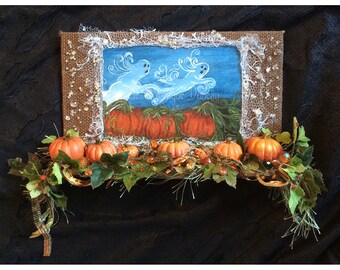 Halloween decoration original painting art print shabby grungy wall hanging decor mixed media collage assemblage pumpkin patch ghost