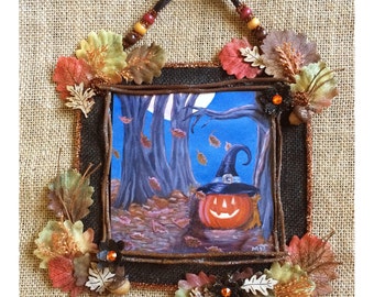 Halloween Jack o lantern print painting collage frame decoration rustic primitive Autumn leaves Fall pumpkin wall hanging assemblage decor