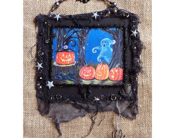 Halloween decoration print of original painting collage framed wall hanging spooky primitive art grungy Jack o lantern pumpkins ghost cat