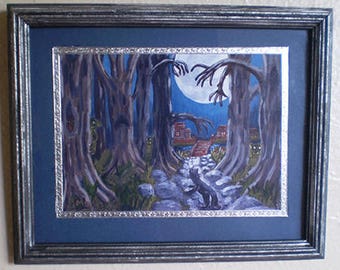 Black cat framed Halloween decoration spooky dark hollow art wall hanging home decor print of original painting creepy trees landscape