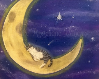 Moon Nap cat painting 8x10 print celestial galaxy space milky way art kitty illustration animal artwork nursery decor whimsical sleep