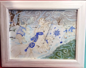 whimsical framed 8x10 Polar bear painting original winter solstice animal illustration art Yule bears nature whimsical Christmas snow scene