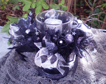 silver and black harlequin Halloween decoration candle pedestal centerpiece floral arrangement spooky autumn home decor Goth