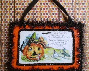 Halloween decoration wall hanging retro black cat vintage style old fashioned postcard image decor ornament