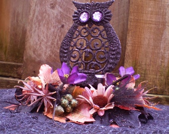 Halloween Owl nest decoration candle holder Autumn floral centerpiece fall flower arrangement Thanksgiving Samhain home decor spooky goth