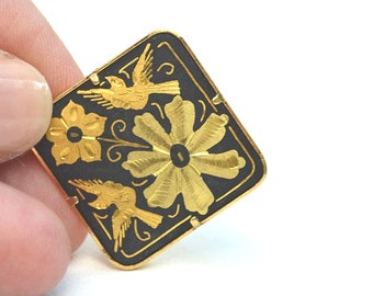 Vintage Damaszener Pin, oxidierter Goldton Pin, Blumen und Vogel Brosche, Toledo Spanien Pin, Mid Century Pin