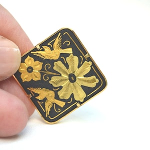 Vintage Damascene Pin, Oxidized Gold Tone Pin, Flowers and Bird Brooch, Toledo Spain Pin, Mid Century Pin