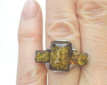 Baltic Amber Ring, Sterling Silver Ring, Vintage Ring, Size 7 Ring, Chunky Cocktail Ring, RR Ring, 1970's Ring