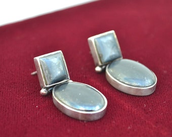 Hematite Earrings, Thailand Earrings, Vintage Drop Earrings, Sterling Silver Earrings, Hematite Post Earrings, 1970's Earrings