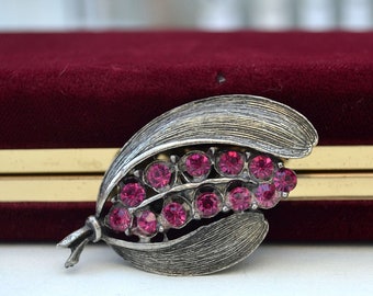 Floral Brooch, Vintage Brooch, Pink Rhinestone Brooch, Metal Brooch, Flower Pin, 1970's Brooch