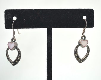 Heart Earrings, Silver Earrings, Vintage Earrings, Dangle Earrings, Mother of Pearl Heart Earrings, Marcasite Earrings