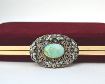 Broche vintage, broche de cristal, broche de los años 30, broche de cristal azul, broche de filigrana, broche de estilo Art Nouveau