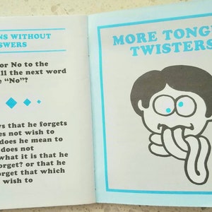 May include: A page from a book with the title "More Tongue Twisters" and a cartoon illustration of a person with their tongue sticking out. The text on the page asks a question about forgetting things.