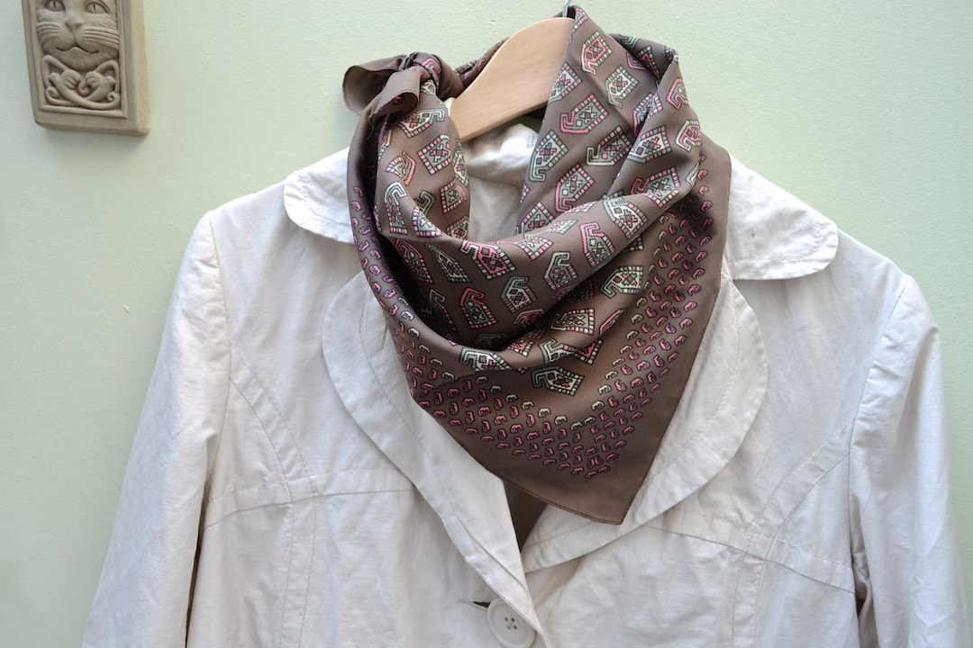 Vintage 1970s Abstract Pattern Scarf, Brown & Pink Acetate Square Scarf ...