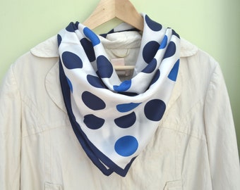 Polka Dot Scarf, Print Pattern Scarf, Vintage Scarf, Square Scarf, Blue Scarf, 1970's Scarf, Japan Scarf, Acetate Scarf