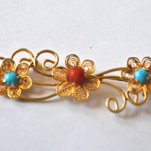 Turquoise and Coral Brooch, Floral Pin, 1960s Goldtone Pin, Art Nouveau Revival Brooch, Vintage Brooch, Vermeil Brooch, Filigree Brooch