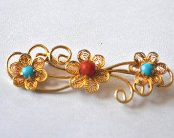 Vintage Turquoise Coral Floral Brooch, 1960s Goldtone Pin