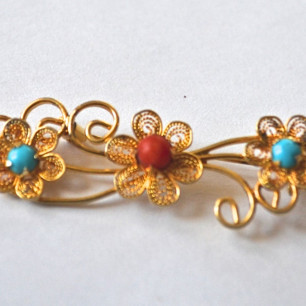 Turquoise and Coral Brooch, Floral Pin, 1960s Goldtone Pin, Art Nouveau Revival Brooch, Vintage Brooch, Vermeil Brooch, Filigree Brooch