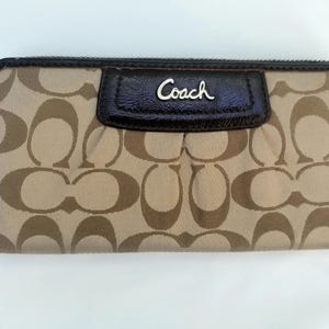 Beige Coach Wallet, Designer, Fabric and Leather Accordion Zip Wallet