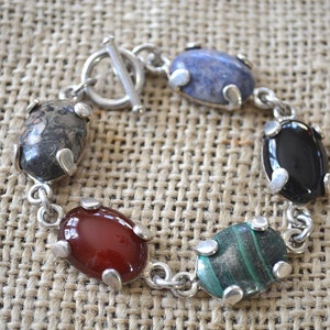 Vintage Gemstone Bracelet, 1970&#39;s Bracelet, Sterling Silver Link Bracelet, Mexico Bracelet, Gemstone Link Bracelet, Silver Chain Bracelet