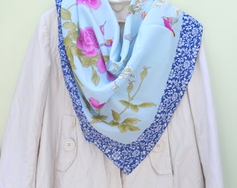 Vintage Floral Square Scarf, 1970s Bird Print, Italy