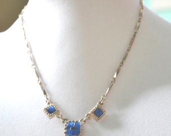 Vintage Art Deco Revival Blue Cat Eye Rhinestone Choker Necklace