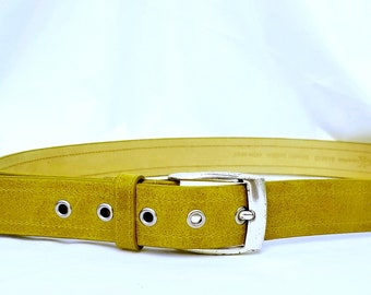 Vintage groene leren riem met zilveren gesp, Calvin Klein riem, leren riem uit de jaren 2000, grote riem