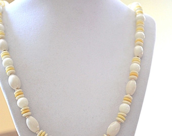 Bead Necklace, Japan Bead Strand Necklace, Yellow and White Beaded Necklace, Lucite Beaded Necklace, 1950s Necklace, Beaded Strand