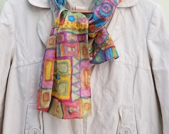 Bufanda de seda para mujer, bufanda multicolor, bufanda vintage, bufanda larga, bufanda de los años 90, bufanda pintada a mano