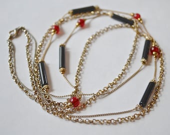 Vintage Gold Chain Necklace, Black & Red Beads, Flapper Style