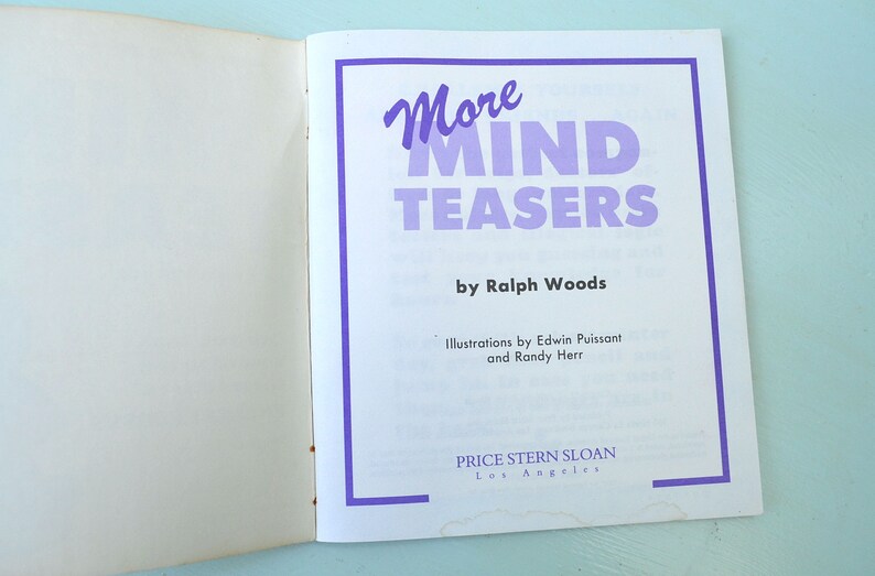 May include: A book cover with a purple title "More MIND TEASERS" by Ralph Woods. The book is published by Price Stern Sloan in Los Angeles.