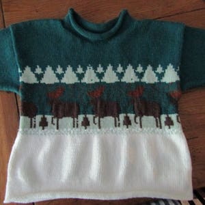 May include: A green and white knitted sweater with a pattern of trees and reindeer. The sweater has a white bottom hem.