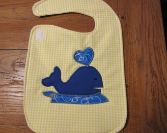 Sierra's Attic ocean nautical  royal blue whale yellow gingham heart spout baby bib