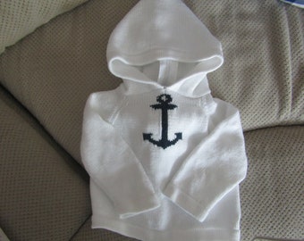 Sierra's Attic zip up back hoodie white cotton navy anchor infant nautical ocean coastal sweater