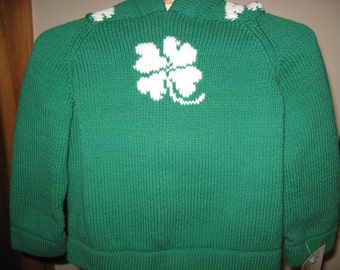 ST. Patrick's day shamrock 4 leaf clover zip up the back hooded green infant sweater size 12 months