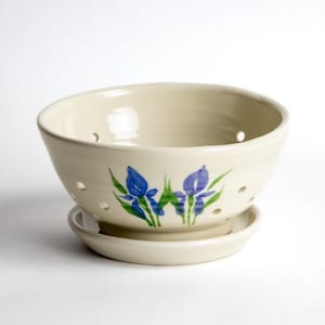 May include: Cream-colored ceramic colander with a matching saucer. The colander features blue iris flower designs and drainage holes. A functional and decorative kitchen item.