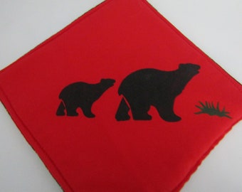 Sierra's Attic black bear w/ baby bear cub red cotton lined w/ Royal Stewart flannel pot holders (set 2) black bear decor North Woods decor