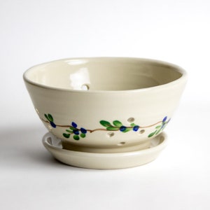 May include: A white ceramic colander with a blue and green floral design and a matching saucer. The colander has holes for draining water.