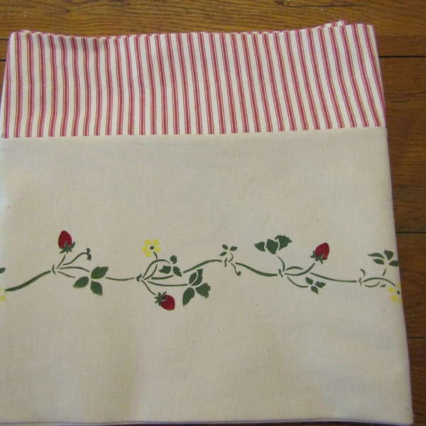 Sierra's Attic hand stenciled lined strawberry vine blossom twill ticking curtain valance