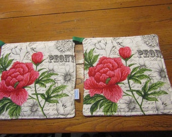 vintage old-fashioned flower seeds packet panel fabric peony floral print pot holders set of 2