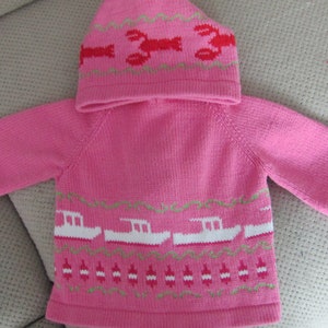 Sierra&#39;s Attic toddler lobster boat buoy zip up the back cotton hooded sweater bubblegum pink/lime  nautical  toddler sweaters  l