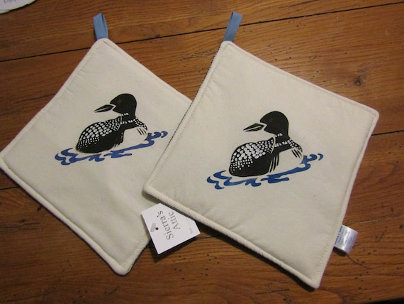 Sierra's Attic Hand Stenciled Loon North Woods Cabin Pond Lake Lodge Pot  Holders Set of 2 