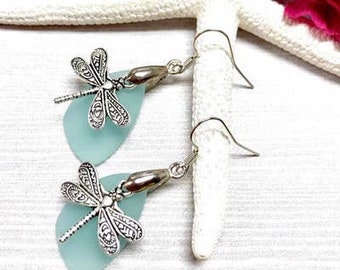 Sierra's Attic sea glass earrings sterling silver  sliver charm  dangle ear wires sea glass jewelry dragonfly sand dollar starfish sea glass