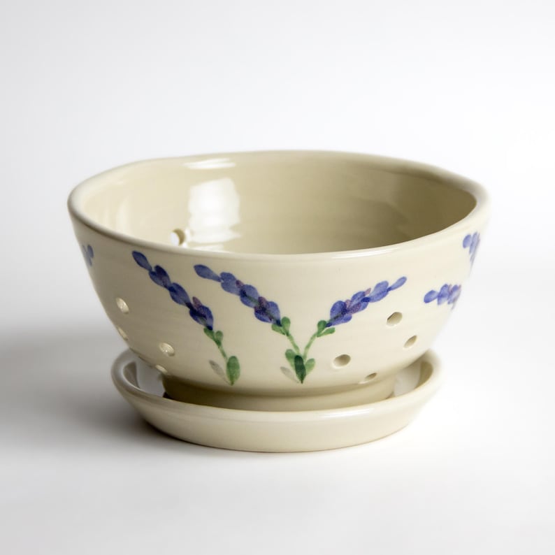 Emerson Creek Pottery lavender berry bowl/colander with saucer hand painted fruit/vegetable colander hostess gifts lavender pottery