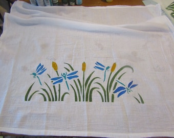 Sierra's Attic hand painted dragonfly cattail weeds flour sack dishtowels (set of2) hostess gifts nature gifts dragonfly dishtowels