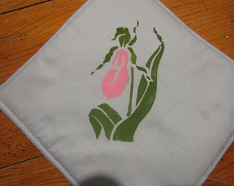 Sierra's Attic hand painted lady slipper pink green leaves light blue cotton pot holders  double padded non flammable potholders
